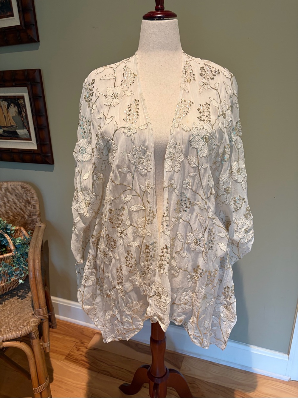 Karen Kane Sheer Floral Embroidered Open-Front Ivory and Gold Topper Jacket - Picture 2 of 11